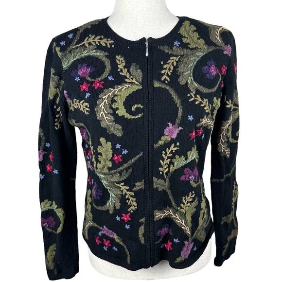 Talbots Sweater Size Small Black Floral Embroidery Grandma Artsy Full Zip - Picture 1 of 14